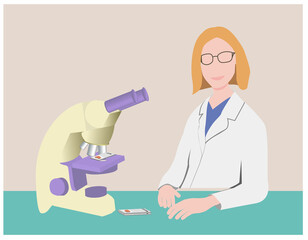 Doctor at the table near the microscope, vector, illustration