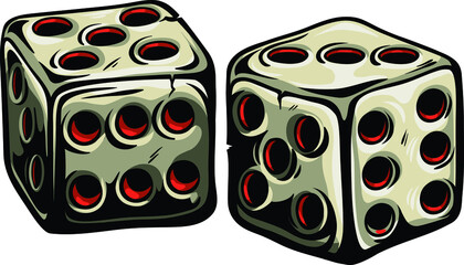 Two game dices cartoon style. Hand drawn old dices vector illustration.