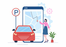 Valet Parking With Ticket Image And Multiple Cars On Public Car Park In Flat Background Cartoon Illustration