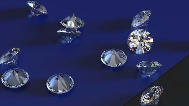 Shiny Diamonds on black-blue surface background. Concept image of luxury living, expensive things and high added value. 3D CG. High resolution.