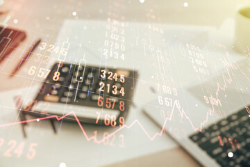Aufkleber - Double exposure of abstract creative statistics data hologram on calculator and pc background, analytics and forecasting concept