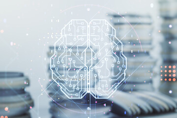 Poster - virtual creative artificial intelligence hologram with human brain sketch on stacks of coins backgro
