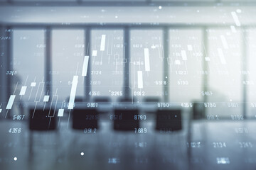 Poster - Multi exposure of creative statistics data hologram on a modern meeting room background, stats and analytics concept