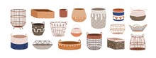 Woven Wicker Baskets Set. Trendy Interior Basketry Designs From Rattan, Fabric Rope, Jute. Empty Storage Boxes Of Different Shape, Size. Flat Graphic Vector Illustrations Isolated On White Background