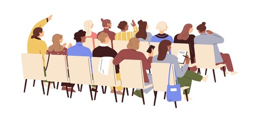 audience, people backs at public event, seminar. men and women group sitting on chairs at conference