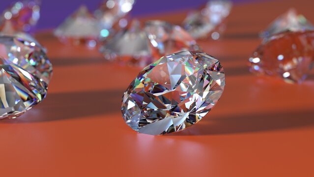 Shiny Diamonds on purple-orange surface background. Concept image of luxury living, expensive things and high added value. 3D CG. High resolution.