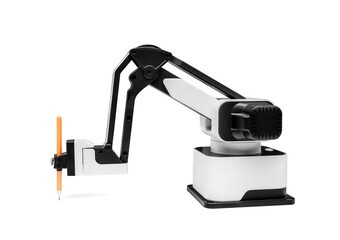 Futuristic robotic arm with pen on white background