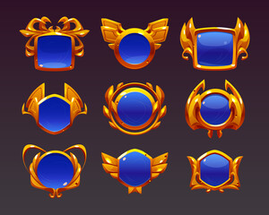 Poster - Blue award badges with gold frames. Fantasy emblems for win in game, top place in competition. Vector cartoon set of old glossy icons with decorative golden borders