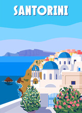 Greece Santorini Poster Travel, Greek White Buildings With Blue Roofs, Church, Poster, Old Mediterranean European Culture And Architecture