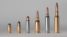 Bullets Of Different Calibers Stand In Row. Copper, Gold Or Silver Colored Shots, Military Handgun Ammo Weapon Metal Gunshots Isolated On Background, Realistic 3d Vector Set