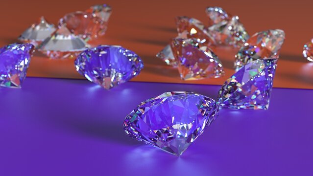 Shiny Diamonds on purple-orange surface background. Concept image of luxury living, expensive things and high added value. 3D CG. High resolution.