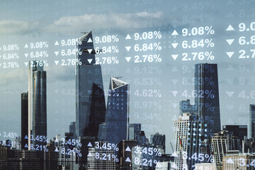Poster - Multi exposure of stats data illustration on New York city skyline background, computing and analytics concept
