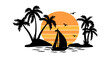© bleskk - sail and sunset vector illustration. sea, sail and silhouette of palm trees vector. sail and orange sun vector logo silhouette