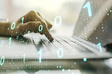 Aufkleber - Creative abstract binary code sketch and hands typing on computer keyboard on background, hacking and matrix concept. Multiexposure