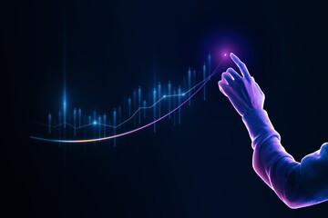 Poster - Stock market increase concept with human hand touching digital dark screen with raising up forex exchange candlestick and graph