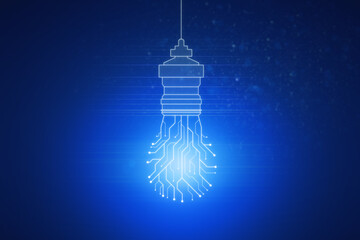 Poster - Abstract glowing circuit lamp on blue backdrop. Future, innovation and solution concept. 3D Rendering.