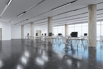 Poster - Contemporary bright spacious coworking office interior with panoramic city view and reflections. 3D Rendering.