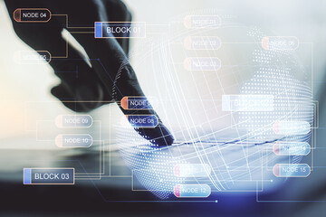 Poster - Abstract creative coding illustration with world map and hands typing on laptop on background, international software development concept. Multiexposure