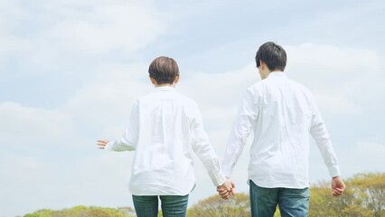 Aufkleber - 手を繋いで草原を歩くカップル