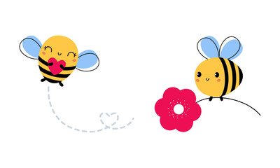 Sticker - Cute Little Honey Bee with Wings and Black Stripes Flying with Flower and Heart Vector Set