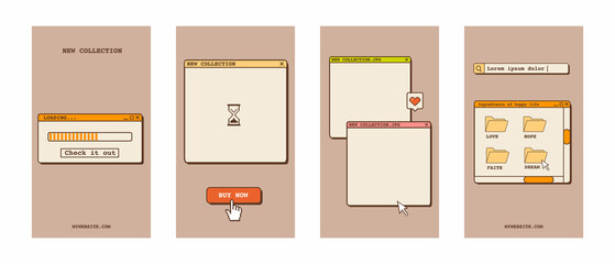 Fototapete - Social media vertical banners templates in old school nostalgic design with computer interface elements. Retro 80s 90s aesthetic backgrounds. Set of vintage ig stories in vaporwave Y2K style. Vector.