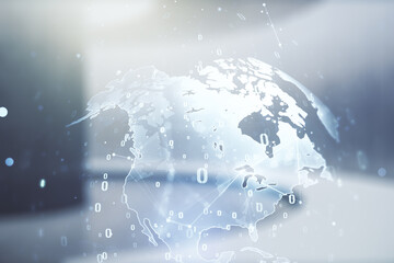 Aufkleber - Multi exposure of abstract programming language hologram and world map on abstract empty interior background, artificial intelligence and neural networks concept
