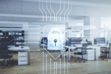 Poster - Virtual creative lock sketch with chip hologram on a modern furnished office interior background, protection of personal data concept. Multiexposure