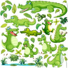 Wall Mural - green crocodile in different actions