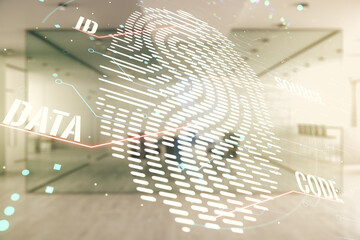 Poster - Multi exposure of virtual graphic fingerprint sketch on a modern furnished classroom background, fingerprint scan data concept