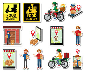 Wall Mural - Sticker set of delivery objects and cartoon characters