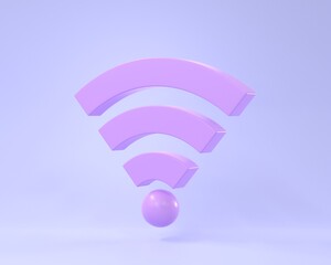 Poster - 3D Free wifi icon with purple antennas, wireless network symbol. Connect mobile devices to internet with hotspot public access zone. Sign LAN connection isolated on pastel blue background, 3D render