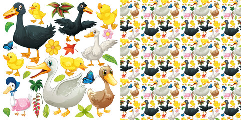 Canvas Print - Seamless background with ducks and ducklings