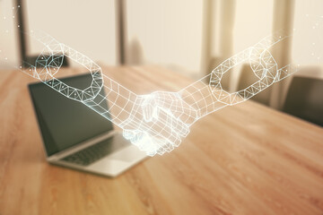 Poster - Double exposure of blockchain technology with handshake hologram on laptop background. Research and development decentralization software concept