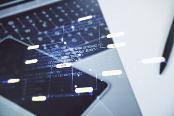 Poster - Multi exposure of abstract software development hologram on laptop background, research and analytics concept