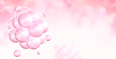 Wall Mural - Horizontal banner with model of abstract molecular structure. Background of pink color with atom and sparks