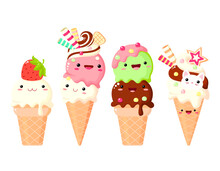 Set Of Ice Cream Characters In Kawaii Style With Smiling Face And Pink Cheeks For Sweet Design. Sundae, Gelato In Waffle Cone. Cute Summer Food Collection. Vector Illustration EPS8  