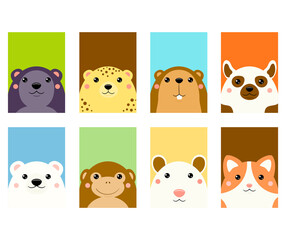 Wall Mural - Set of kawaii member icon. Cards with cute cartoon animals. Baby collection of avatars with panther, leopard, beaver, lemur, cat, monkey, polar bear, opossum. Vector illustration EPS8