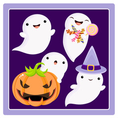 Canvas Print - Set of cute ghosts with different emotions in kawaii style. Halloween Collection of little ghosts with candy, pumpkin, in hat. Vector illustration EPS8