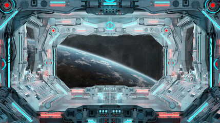 Fototapete - White spaceship interior with glowing blue and red lights. Futuristic spacecraft with large window view on planet Earth. 3D rendering