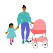 Young mother walking with baby stroller and her daughter.  Afro American parent with kids. Happy motherhood. Vector flat illustration