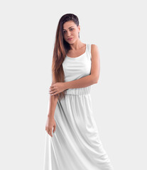 Wall Mural - Mockup of a white long dress on a dark-haired girl, folds at the waist, close-up, isolated on background, front view.