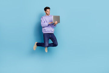 Aufkleber - Photo of ceo guy jump up use netbook typing chat partners communication isolated pastel blue color background
