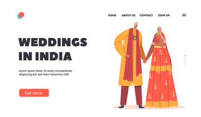 Wall Mural - Wedding in India Landing Page Template. Newlywed Indian Man and Woman Wear Gold and Red Festive Dresses
