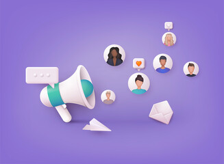 Poster - big loudspeaker to communicate with audience. pr agency team work on social media promotion. public 