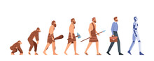 Human Evolution From Monkey To Cyborg Timeline Isolated On White Background. Male Character Evolve Steps, Darwin Theory