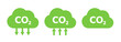 CO2 emission reduction label icon set. CO2 neutral, zero carbon footprint, stop global warming, greenhouse effect. Green ecology environment cloud shape design elements. Flat vector illustration.