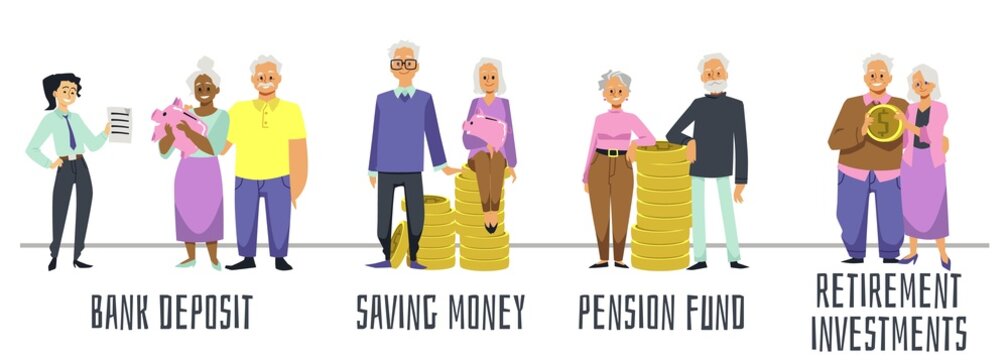 pension fund banner with cartoon old people, retirees saving money in vector