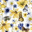 Watercolor seamless pattern with wildflowers and butterflies. Repeating background with elements of watercolor flowers for wrapping paper or textiles.