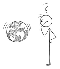 Canvas Print - Person Looking at Planet Earth or World and Thinking, Vector Cartoon Stick Figure Illustration