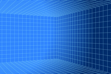 Wall Mural - 3d digital two points perspective grid room. white mesh on blue background. empty indoor studio fram